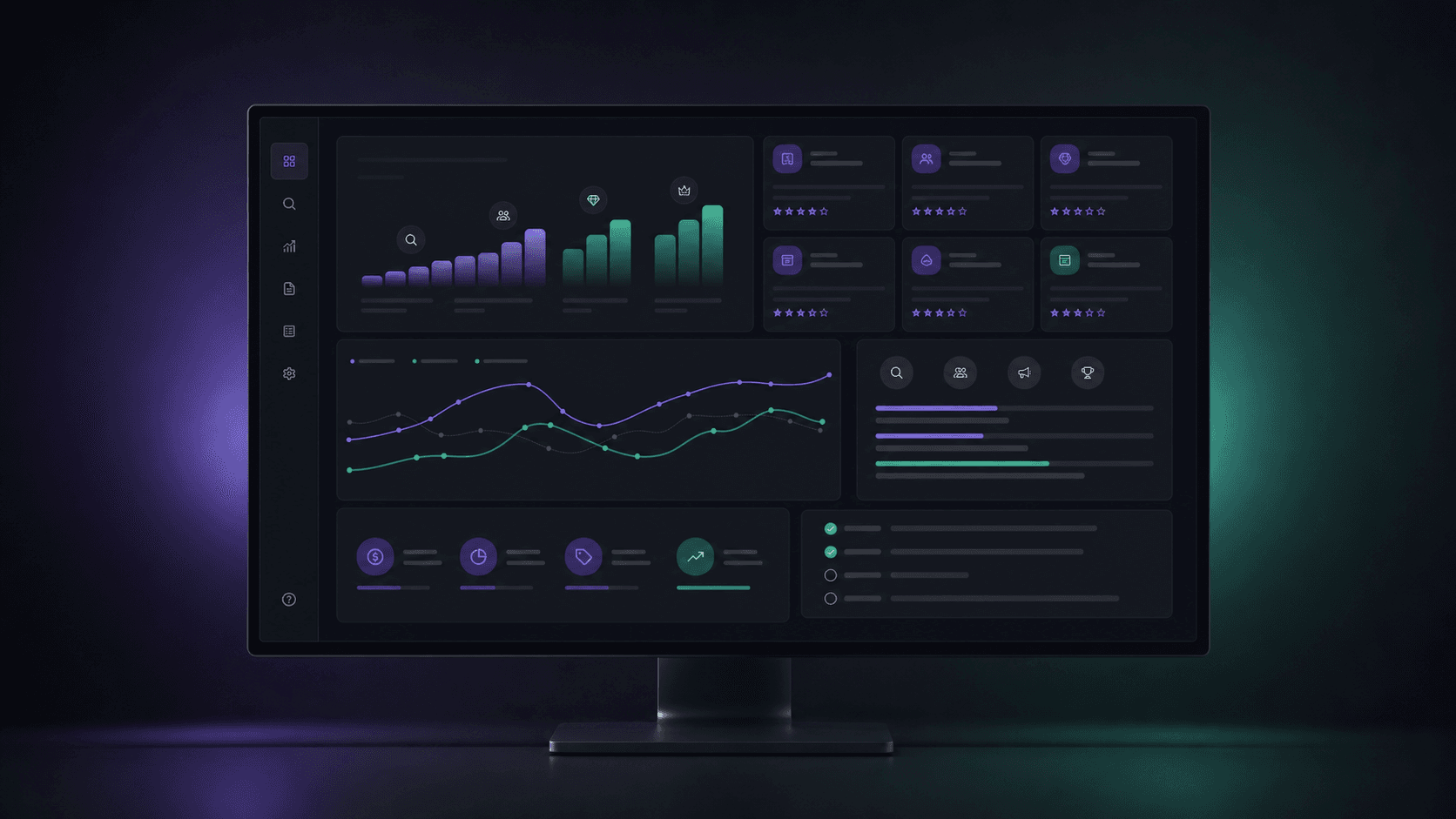Illustrative opportunity research dashboard with signal trends and workflow cards